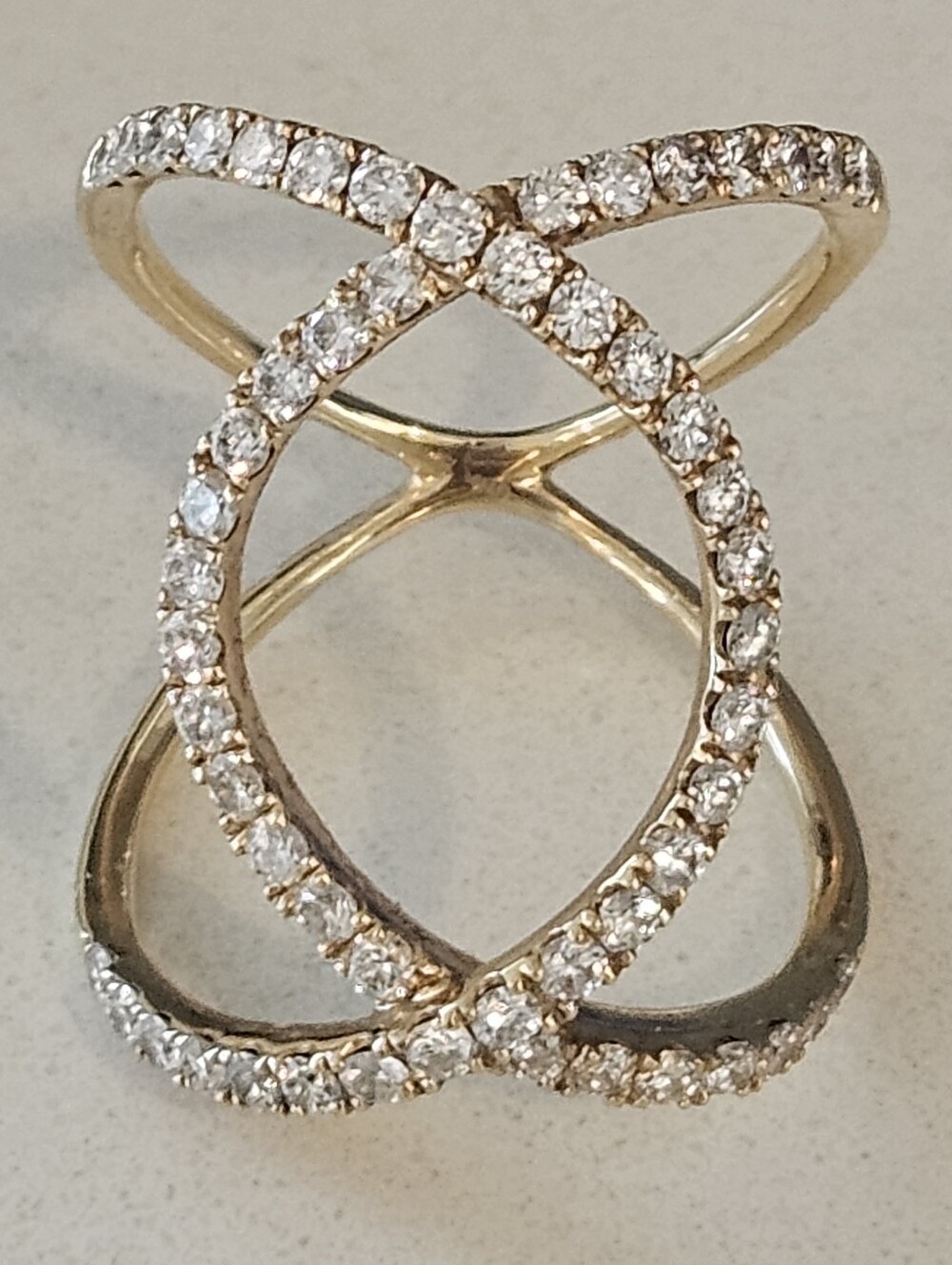 Designer Odelia 750 18k Yellow Gold Natural Diamond Cross-Over Statement Ring